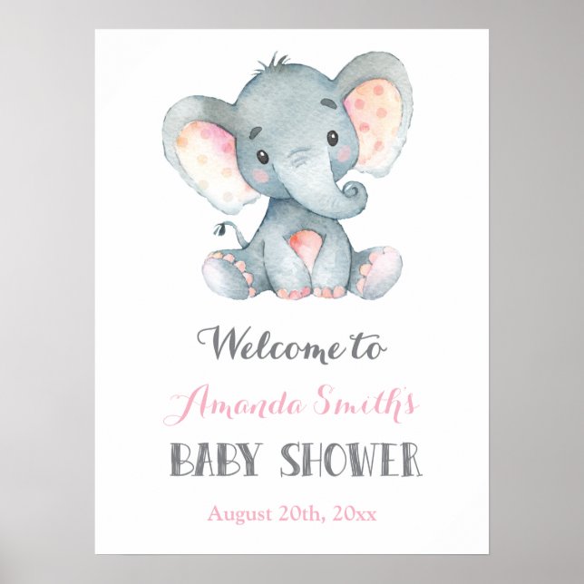 Elephant Baby Shower Pink and Gray Welcome Sign (Front)