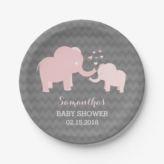 Elephant Baby Shower Pink and Grey Paper Plates (Front)