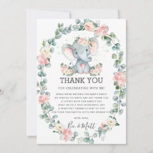 Elephant Baby Shower Pink Floral Greenery Girl Thank You Card