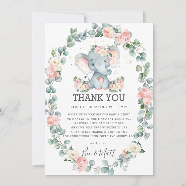 Elephant Baby Shower Pink Floral Greenery Girl Thank You Card (Front)