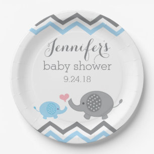 Elephant Baby Shower Plates   Blue Grey Chevron