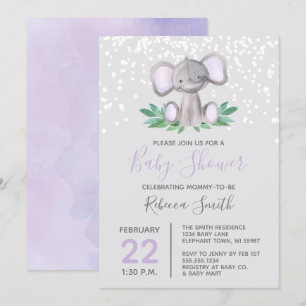 Elephant Baby Shower Purple Watercolor Invitation