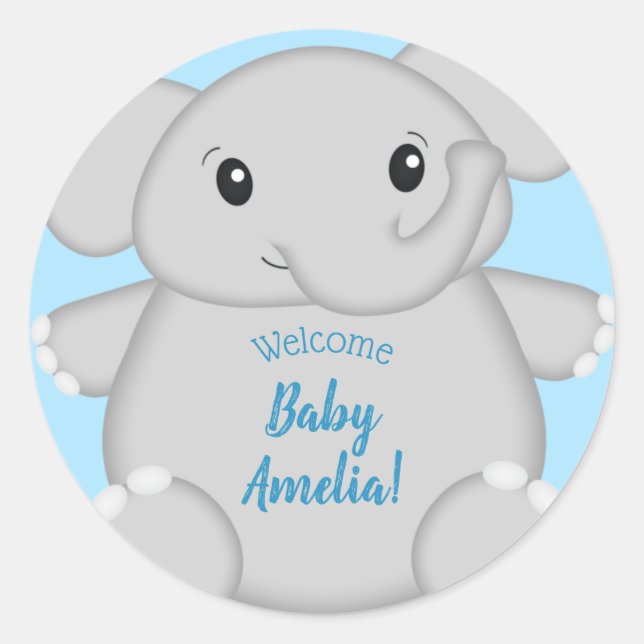 Elephant Baby Shower Safari Blue Boy Classic Round Sticker (Front)