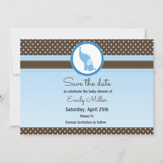 Elephant baby shower save the date blue brown (Front)