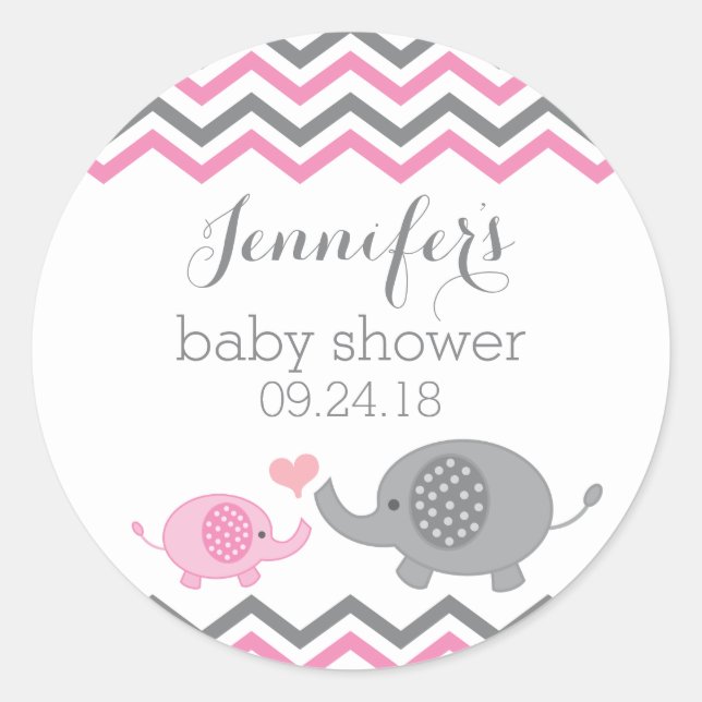 Elephant Baby Shower Stickers | Pink Grey Chevron (Front)