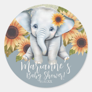Elephant Baby Shower Sunflower Glitter Dusty Blue Classic Round Sticker