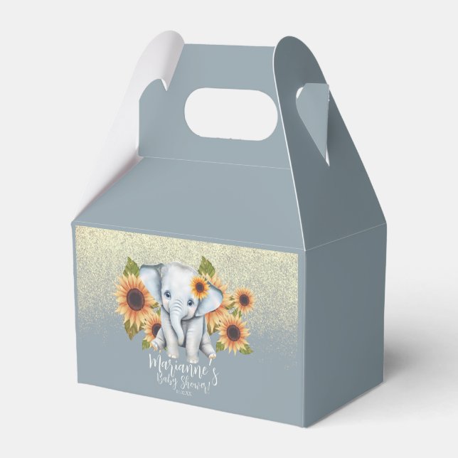 Elephant Baby Shower Sunflower Glitter Dusty Blue Favor Box (Front Side)