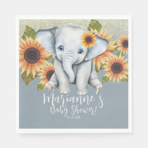 Elephant Baby Shower Sunflower Glitter Dusty Blue Napkin