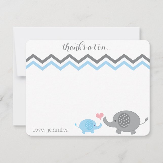 Elephant Baby Shower Thank You Blue Grey Chevron Note Card (Front)