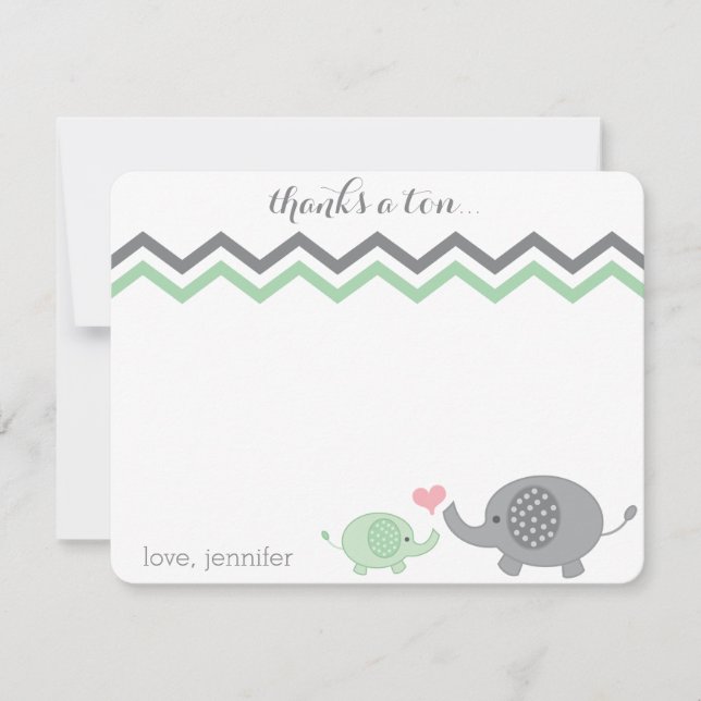 Elephant Baby Shower Thank You Green Grey Chevron Note Card (Front)