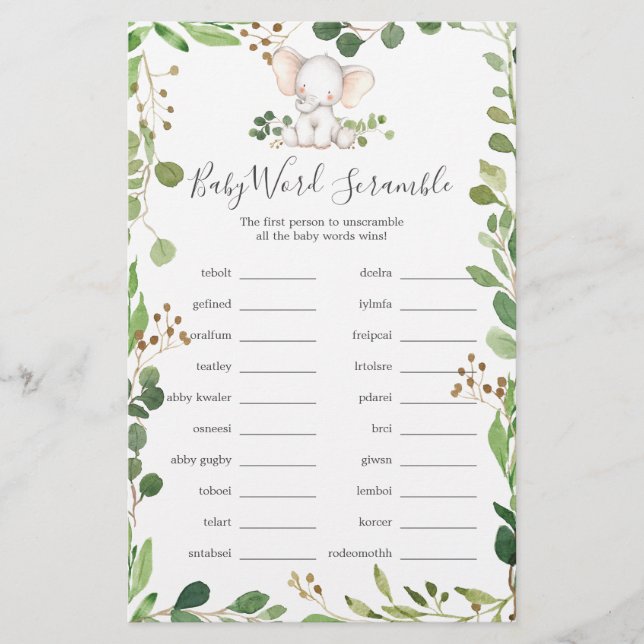 Elephant Baby Shower Word Scramble Game (Front)