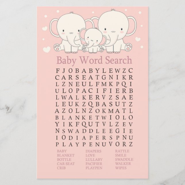 Elephant Baby Shower Word Search Game (Front)