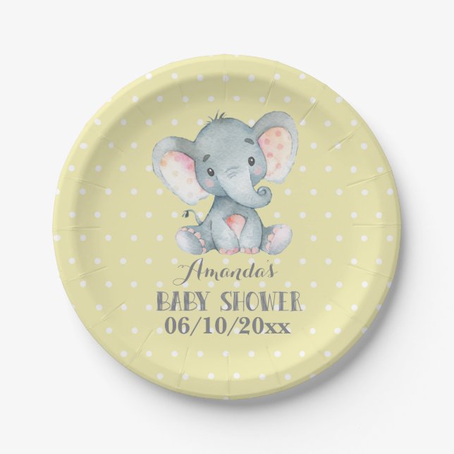 Elephant Baby Shower Yellow Paper Plate (Front)