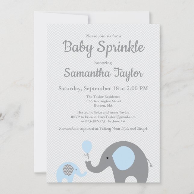 Elephant Baby Sprinkle Invitation in Blue and Grey (Front)