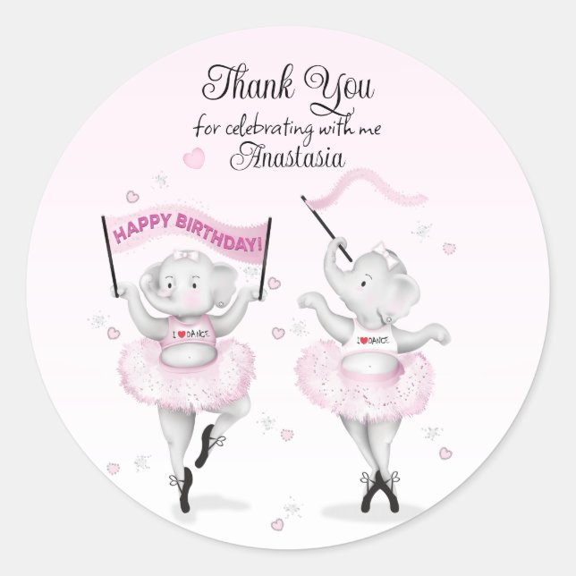 Elephant Ballerina Dance Birthday Classic Round Sticker (Front)
