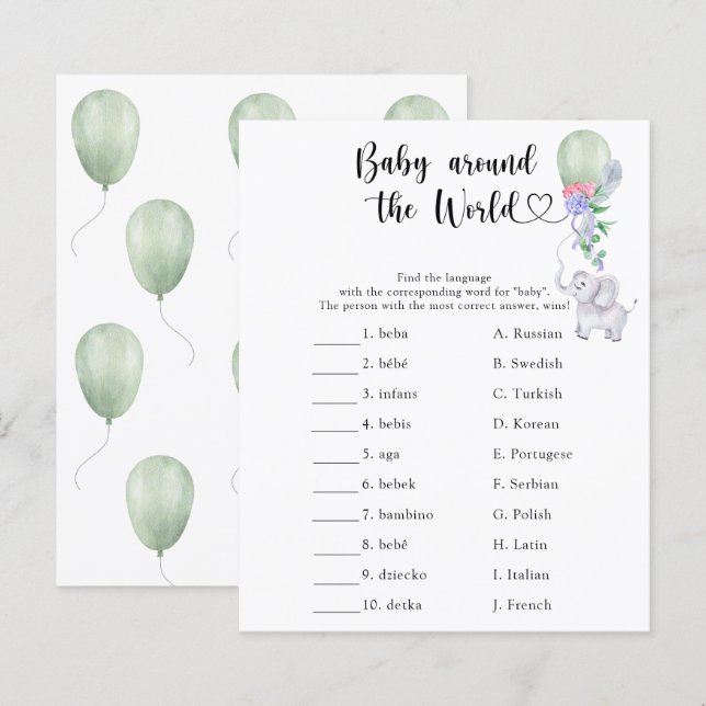 Elephant & Balloon - Baby around the world game (Front/Back)