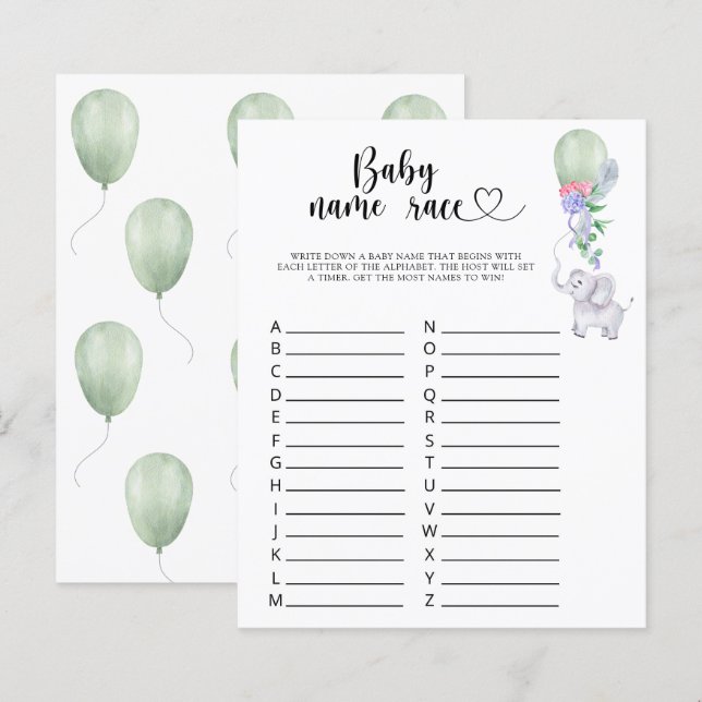 Elephant & Balloon - Baby name race game (Front/Back)