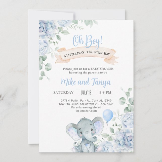 Elephant & balloon boy Baby Shower invite, floral. Invitation (Front)