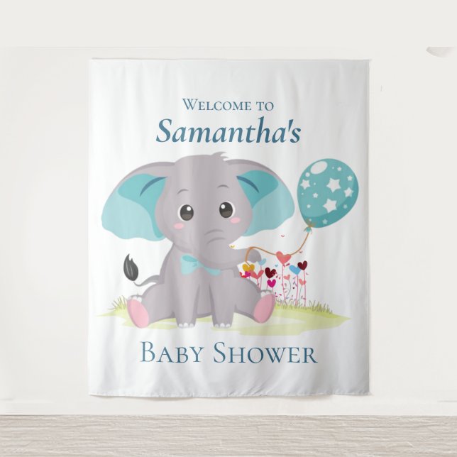  Elephant balloon Girl Baby Shower Backdrop Tapestry (Front)