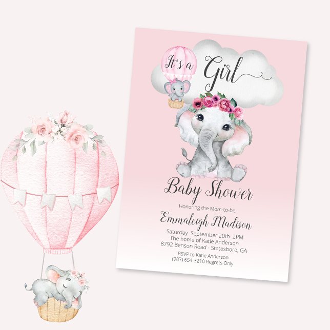 Elephant Balloon Girl Baby Shower | Pink Roses Invitation (Creator Uploaded)