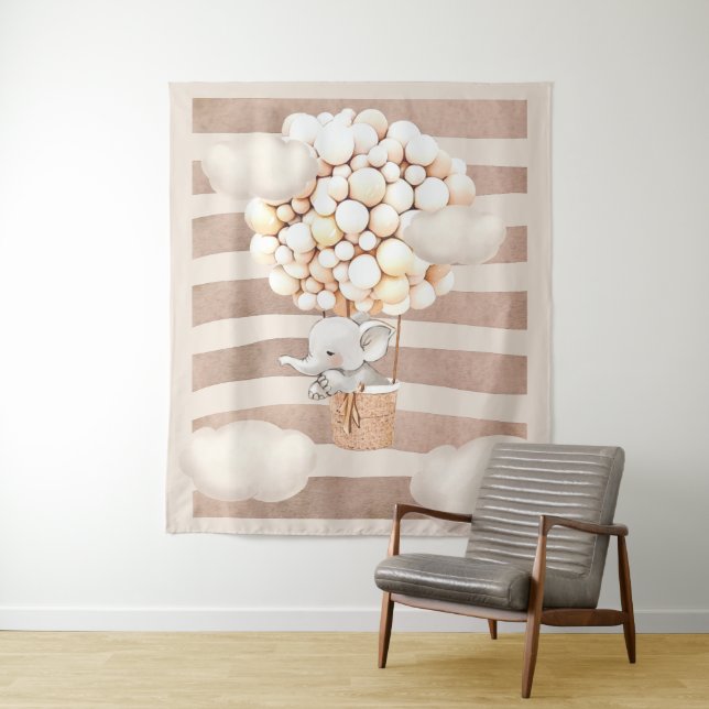 Elephant Balloon Neutral Virtual Shower Backdrop Tapestry (In Situ)