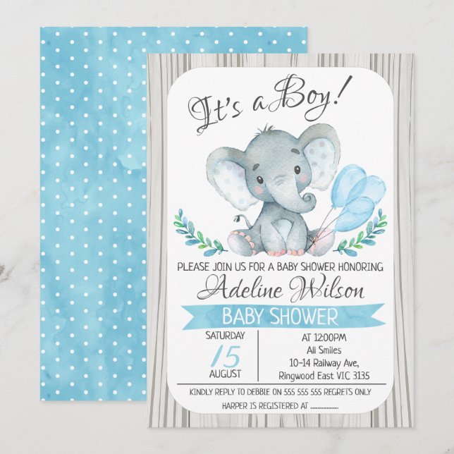 Elephant Balloon Watercolor Baby Shower Invitation (Front/Back)