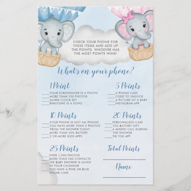 Elephant Balloon What's on your Phone Shower Game (Front)