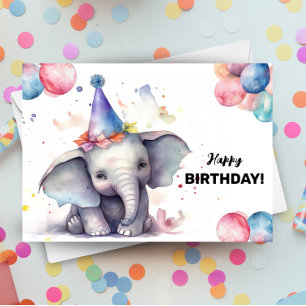 Elephant Balloons and Party Hat Happy Birthday Card