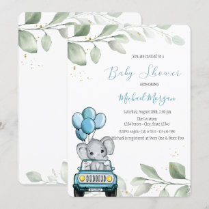Elephant Balloons Car Leaves Baby Shower Invitation