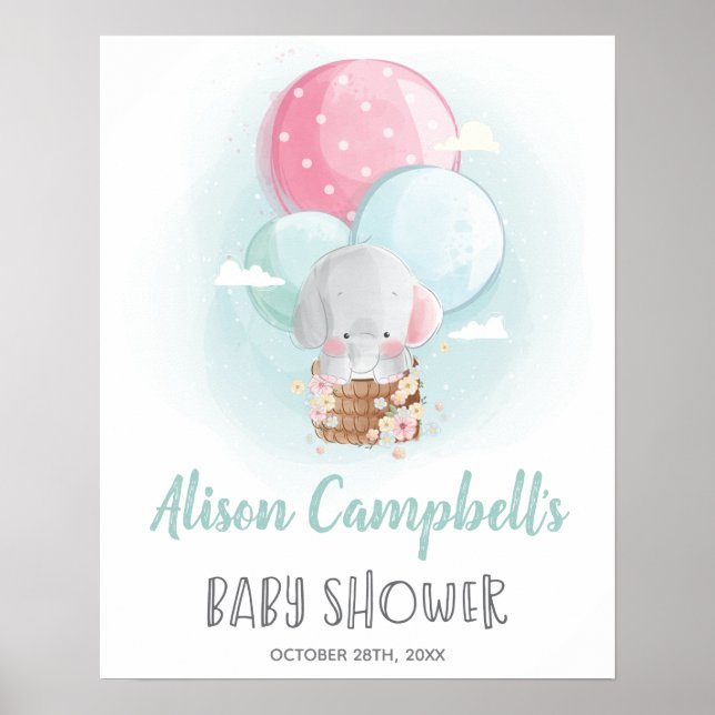 Elephant Balloons Gender Neutral Baby Shower Sign (Front)