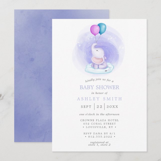 Elephant Balloons Watercolor Whimsical Baby Shower Invitation (Front/Back)