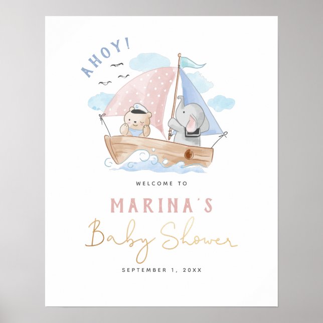 Elephant & Bear Sailboat Baby Shower Welcome Sign (Front)