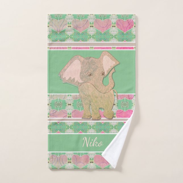 Eléphant bébé avec Coeurs rose et vert (Serviette à main)
