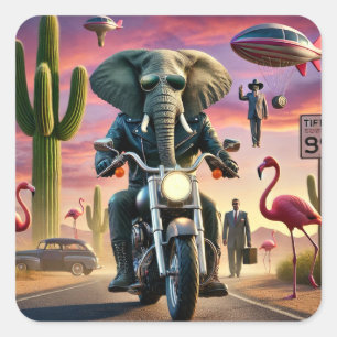 Elephant Biker Surreal Desert Ride Square Sticker