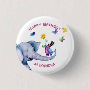 Elephant Bird And Butterflies 1 Inch Round Button