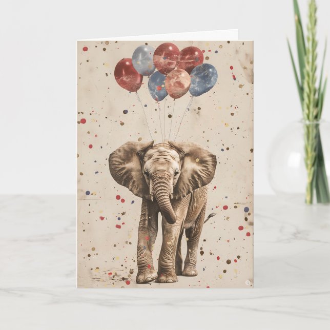Elephant Birthday Balloon Greeting Card (Front)