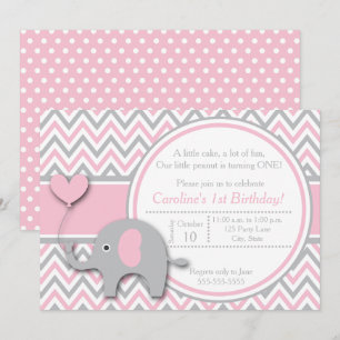 Elephant Birthday Invitation, Pink and Grey Invitation