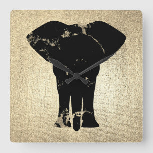 Elephant Black Marble Champaigne Faux Gold Square Wall Clock