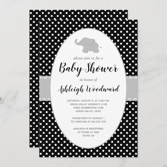 Elephant Black White Polka Dot Baby Shower Invitation (Front/Back)