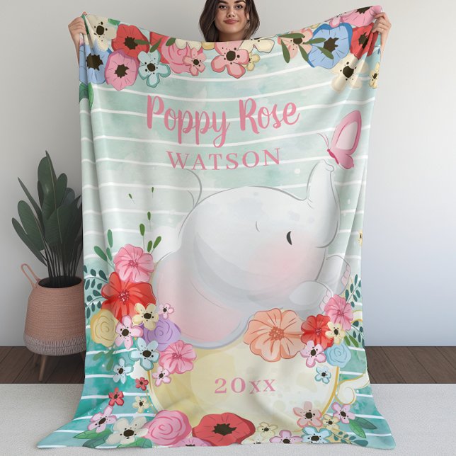 Elephant Blanket with Flowers + Custom Name (Elephant Blanket with Flowers + Custom Name (L))