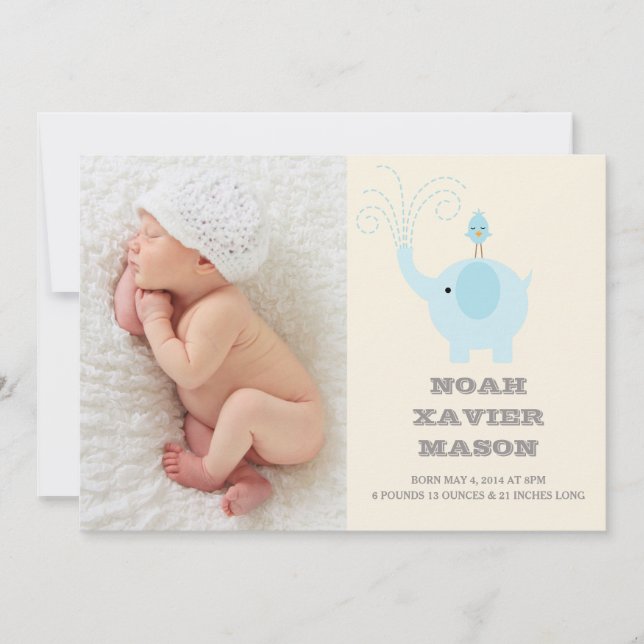 Eléphant bleu | Faire-part de naissance (Devant)