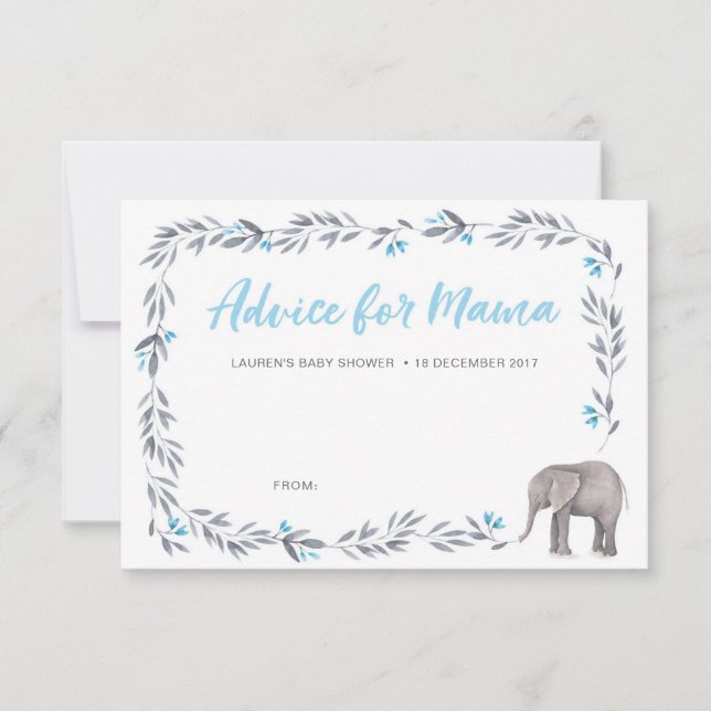 Elephant blue and grey Baby Shower Advice Cards (Front)