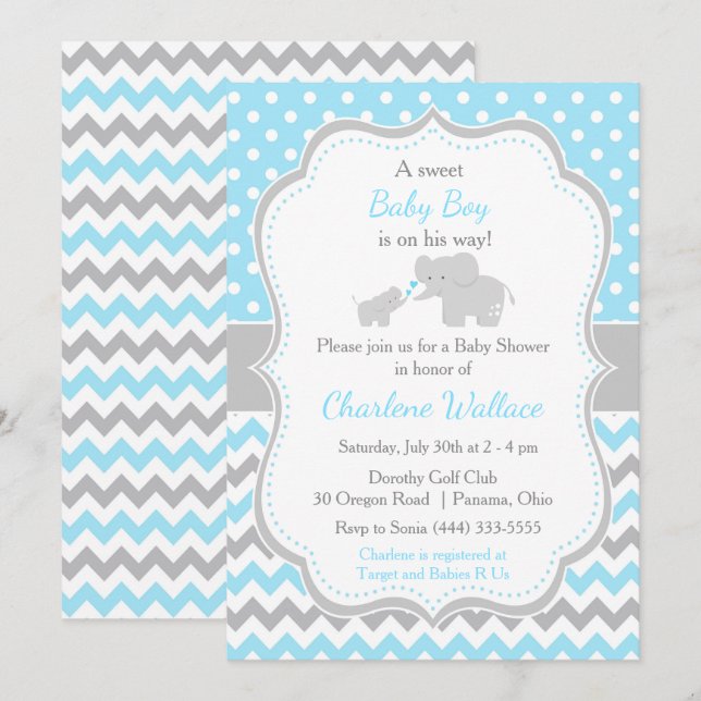 Elephant Blue and Grey Baby Shower Invitation (Front/Back)