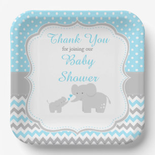 Elephant Blue and Grey Baby Shower Party Paper Plate