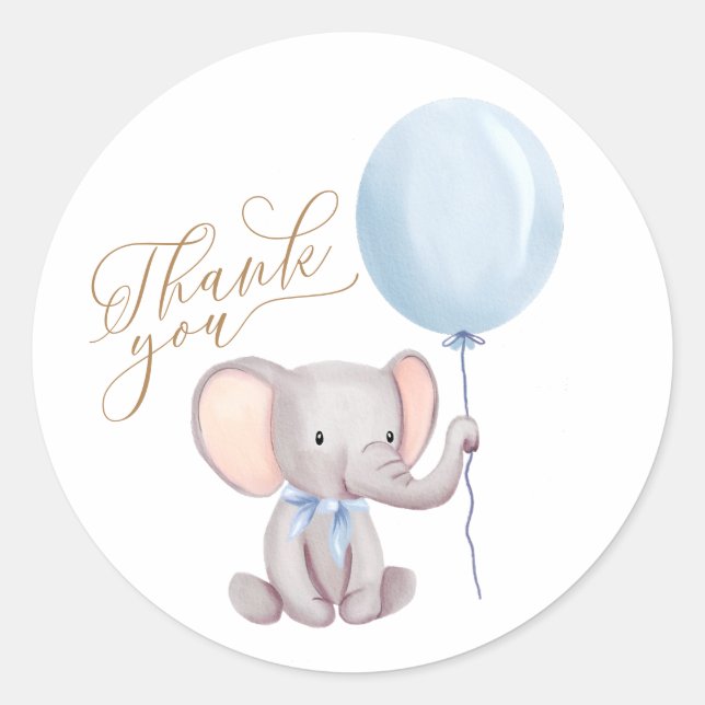 Elephant Blue Balloon Baby Shower Thank You Classic Round Sticker (Front)