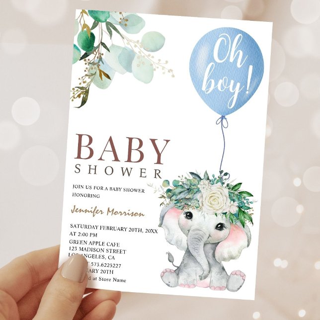 Elephant Blue Balloon Watercolor Baby Shower Invitation (Creator Uploaded)