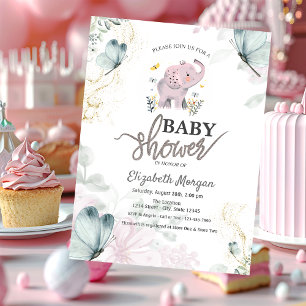 Elephant Blue Butterflies Pink Baby Shower Invitation