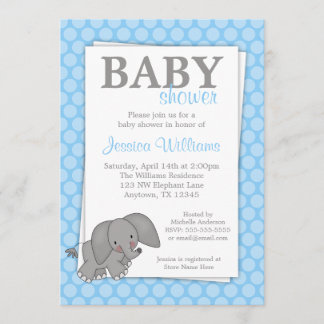 Elephant Blue Dots Baby Shower Invitations
