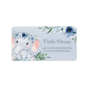 Elephant Blue Floral Baby Shower Return Address Label