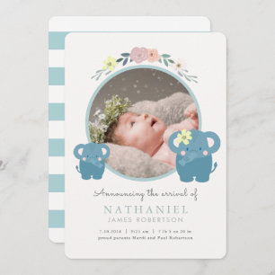 Elephant Blue Floral Boy Photo Birth Announcement